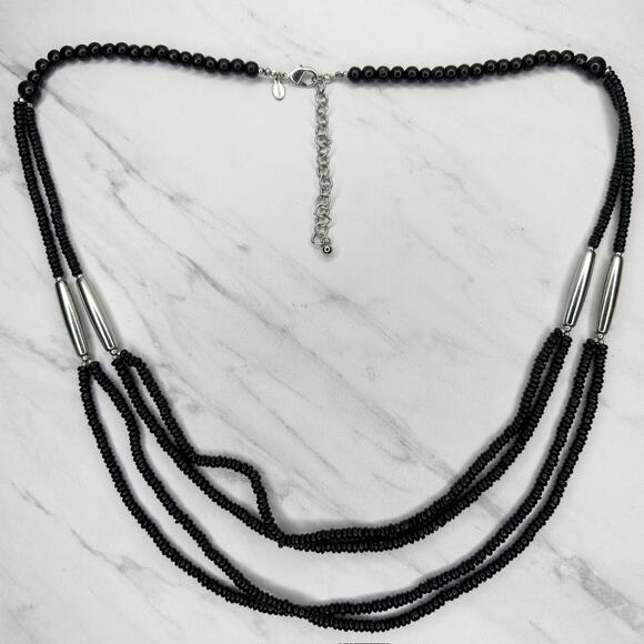 Chico's Multi Strand Black Beaded Silver Tone Statement Necklace ✨ - Picture 2 of 14